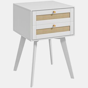 HOMCOM Mesa de Cabeceira Branca Estilo Boho com 2 Gavetas e Decoração de Vime para Quarto Sala de Estar 40x40x60 cm