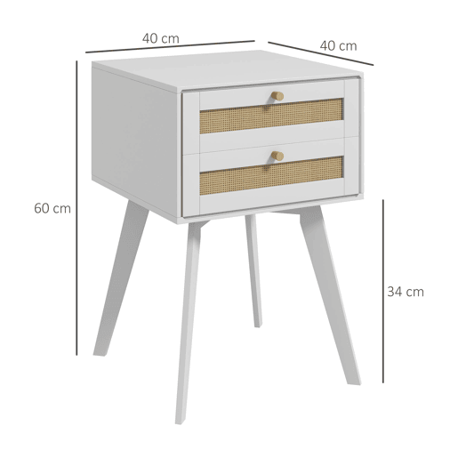 HOMCOM Mesa de Cabeceira Branca Estilo Boho com 2 Gavetas e Decoração de Vime para Quarto Sala de Estar 40x40x60 cm