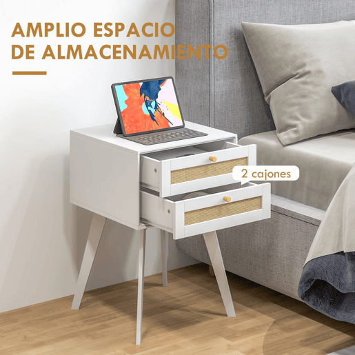 HOMCOM Mesa de Cabeceira Branca Estilo Boho com 2 Gavetas e Decoração de Vime para Quarto Sala de Estar 40x40x60 cm