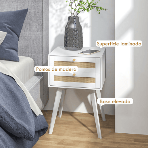HOMCOM Mesa de Cabeceira Branca Estilo Boho com 2 Gavetas e Decoração de Vime para Quarto Sala de Estar 40x40x60 cm
