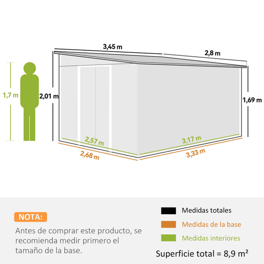 Outsunny Abrigo de Jardim 280x345x201 cm 8,9 m² Abrigo de Exterior de Aço para Armazenamento de Ferramentas com Portas e 2 Janelas Cinza