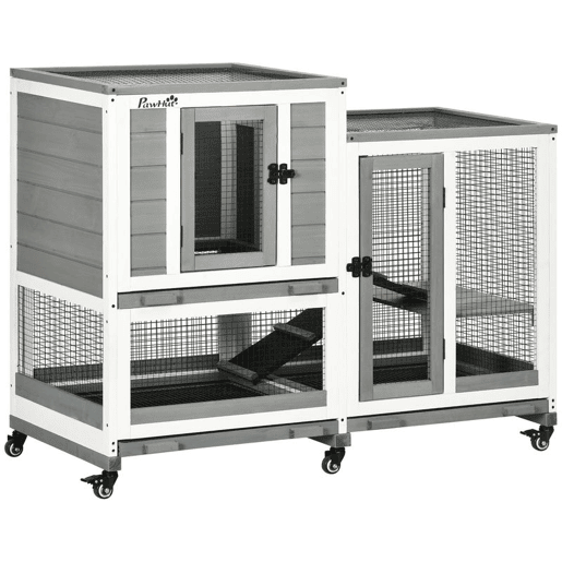 PawHut Coelheira de Madeira para Interior Gaiola para Coelhos e Animais Pequenos de 2 Níveis com 6 Rodas 2 Escadas 3 Bandejas Amovíveis e Área Aberta 110x50x86 cm Cinza PawHut Coelheira de Madeira para Interior Gaiola para Coelhos e Animais Pequenos de 2 Níveis com 6 Rodas 2 Escadas 3 Bandejas Amovíveis e Área Aberta 110x50x86 cm Cinza