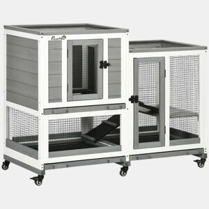 PawHut Coelheira de Madeira para Interior Gaiola para Coelhos e Animais Pequenos de 2 Níveis com 6 Rodas 2 Escadas 3 Bandejas Amovíveis e Área Aberta 110x50x86 cm Cinza