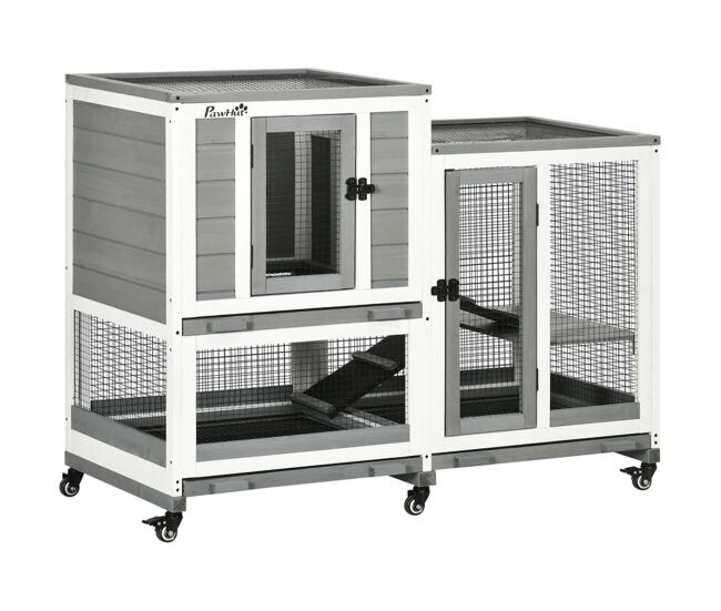 Pawhut conejera de madera de 2 niveles jaula para conejos con 6 ruedas 2 escaleras 3 bandejas extraíbles puertas con cerraduras y zona abierta conejera para interior 110x50x86 cm gris
