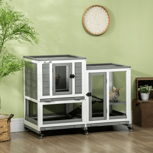 PawHut Coelheira de Madeira para Interior Gaiola para Coelhos e Animais Pequenos de 2 Níveis com 6 Rodas 2 Escadas 3 Bandejas Amovíveis e Área Aberta 110x50x86 cm Cinza PawHut Coelheira de Madeira para Interior Gaiola para Coelhos e Animais Pequenos de 2 Níveis com 6 Rodas 2 Escadas 3 Bandejas Amovíveis e Área Aberta 110x50x86 cm Cinza