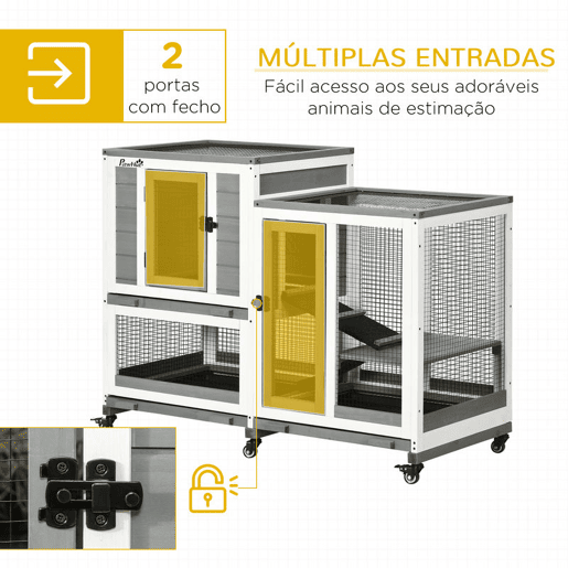 PawHut Coelheira de Madeira para Interior Gaiola para Coelhos e Animais Pequenos de 2 Níveis com 6 Rodas 2 Escadas 3 Bandejas Amovíveis e Área Aberta 110x50x86 cm Cinza PawHut Coelheira de Madeira para Interior Gaiola para Coelhos e Animais Pequenos de 2 Níveis com 6 Rodas 2 Escadas 3 Bandejas Amovíveis e Área Aberta 110x50x86 cm Cinza