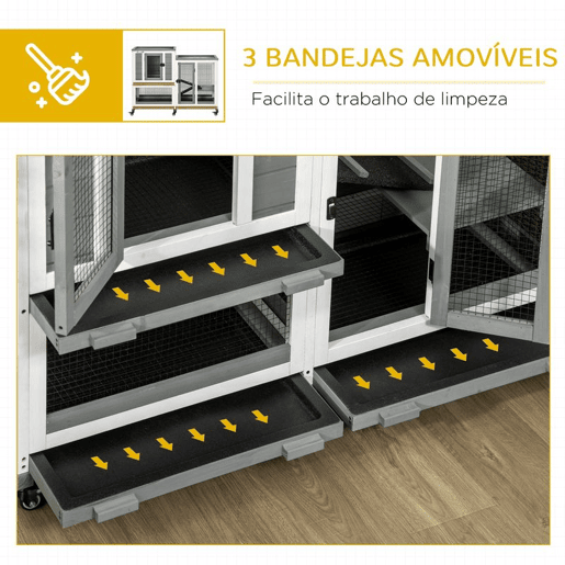 PawHut Coelheira de Madeira para Interior Gaiola para Coelhos e Animais Pequenos de 2 Níveis com 6 Rodas 2 Escadas 3 Bandejas Amovíveis e Área Aberta 110x50x86 cm Cinza PawHut Coelheira de Madeira para Interior Gaiola para Coelhos e Animais Pequenos de 2 Níveis com 6 Rodas 2 Escadas 3 Bandejas Amovíveis e Área Aberta 110x50x86 cm Cinza