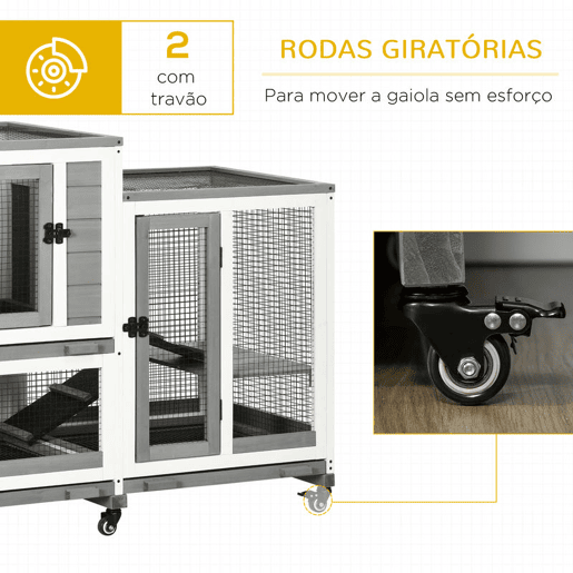 PawHut Coelheira de Madeira para Interior Gaiola para Coelhos e Animais Pequenos de 2 Níveis com 6 Rodas 2 Escadas 3 Bandejas Amovíveis e Área Aberta 110x50x86 cm Cinza PawHut Coelheira de Madeira para Interior Gaiola para Coelhos e Animais Pequenos de 2 Níveis com 6 Rodas 2 Escadas 3 Bandejas Amovíveis e Área Aberta 110x50x86 cm Cinza