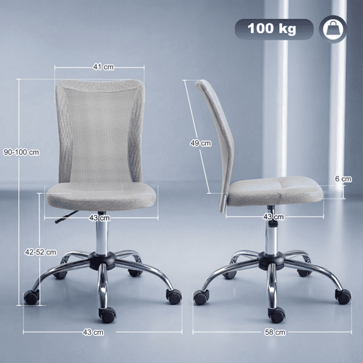Vinsetto Cadeira de Escritório de Malha Cadeira de Escritório Giratória sem Apoio para os Braços com Altura Ajustável Carga Máxima 100 kg para Escritório Dormitório 43x58x90-100 cm Cinza