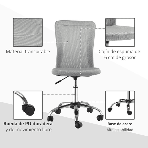 Vinsetto Cadeira de Escritório de Malha Cadeira de Escritório Giratória sem Apoio para os Braços com Altura Ajustável Carga Máxima 100 kg para Escritório Dormitório 43x58x90-100 cm Cinza
