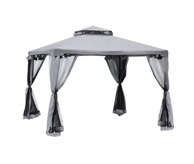 Outsunny cenador de jardín 3x3 m pabellón de exterior con doble techo de ventilación 4 cortinas mosquiteras laterales con cremallera 8 orificios de