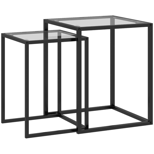 HOMCOM Conjunto de 2 Mesas de Centro Quadradas Conjunto de Mesas Auxiliares Empilháveis com Bancada de Vidro Temperado e Estrutura de Aço 33x33x45,5 cm e 42x42x51 cm Preto