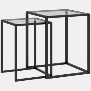 HOMCOM Conjunto de 2 Mesas de Centro Quadradas Conjunto de Mesas Auxiliares Empilháveis com Bancada de Vidro Temperado e Estrutura de Aço 33x33x45,5 cm e 42x42x51 cm Preto