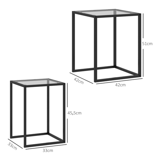 HOMCOM Conjunto de 2 Mesas de Centro Quadradas Conjunto de Mesas Auxiliares Empilháveis com Bancada de Vidro Temperado e Estrutura de Aço 33x33x45,5 cm e 42x42x51 cm Preto