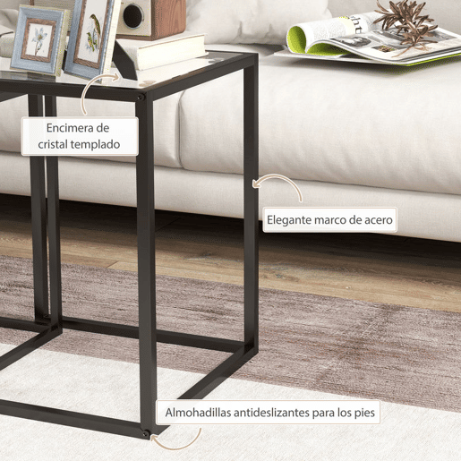 HOMCOM Conjunto de 2 Mesas de Centro Quadradas Conjunto de Mesas Auxiliares Empilháveis com Bancada de Vidro Temperado e Estrutura de Aço 33x33x45,5 cm e 42x42x51 cm Preto