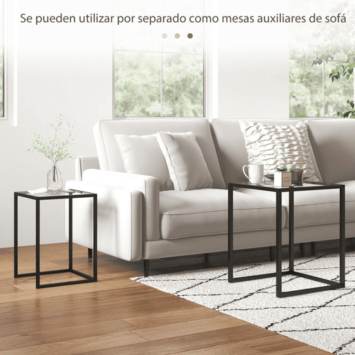 HOMCOM Conjunto de 2 Mesas de Centro Quadradas Conjunto de Mesas Auxiliares Empilháveis com Bancada de Vidro Temperado e Estrutura de Aço 33x33x45,5 cm e 42x42x51 cm Preto