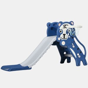 AIYAPLAY Escorrega para Crianças 2 em 1 Escorrega para Crianças de 18 a 36 Meses com 2 Degraus Cesta de Basquetebol e Desenho de Tigre para Interior 133x60x70 cm Azul e Cinza