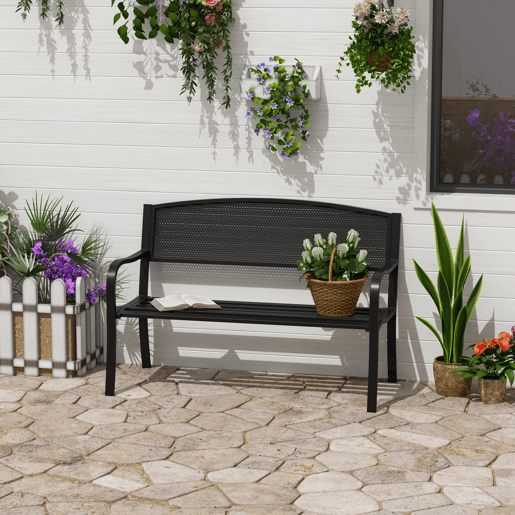 Outsunny Banco de Jardim de 2 Lugares Banco de Exterior com Encosto de Malha de Aço Carga Máxima 240 kg para Pátio Varanda 127x60x87 cm Preto