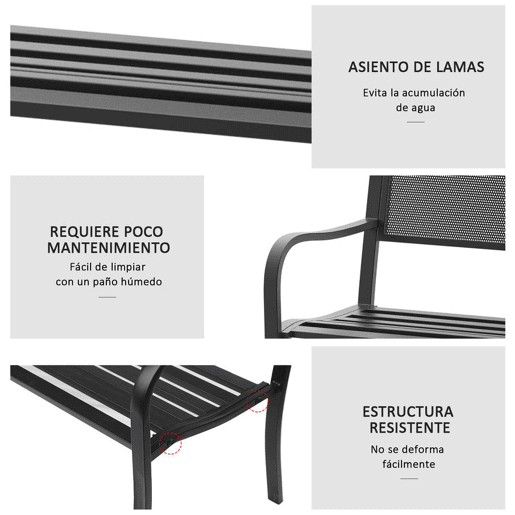 Outsunny Banco de Jardim de 2 Lugares Banco de Exterior com Encosto de Malha de Aço Carga Máxima 240 kg para Pátio Varanda 127x60x87 cm Preto
