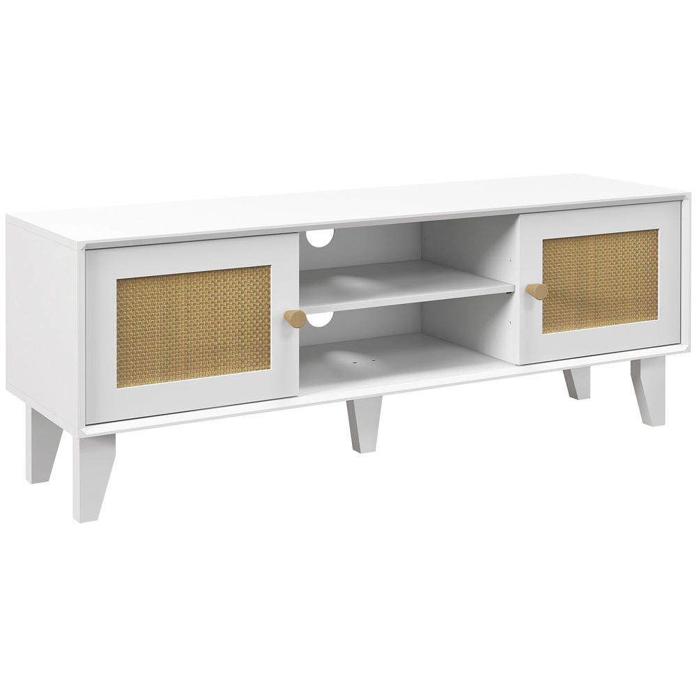 Homcom mueble de tv mueble de salón para televisores de hasta 55 pulgadas con 2 puertas de ratán y estante ajustable para dormitorio 120x35x46 cm blanco