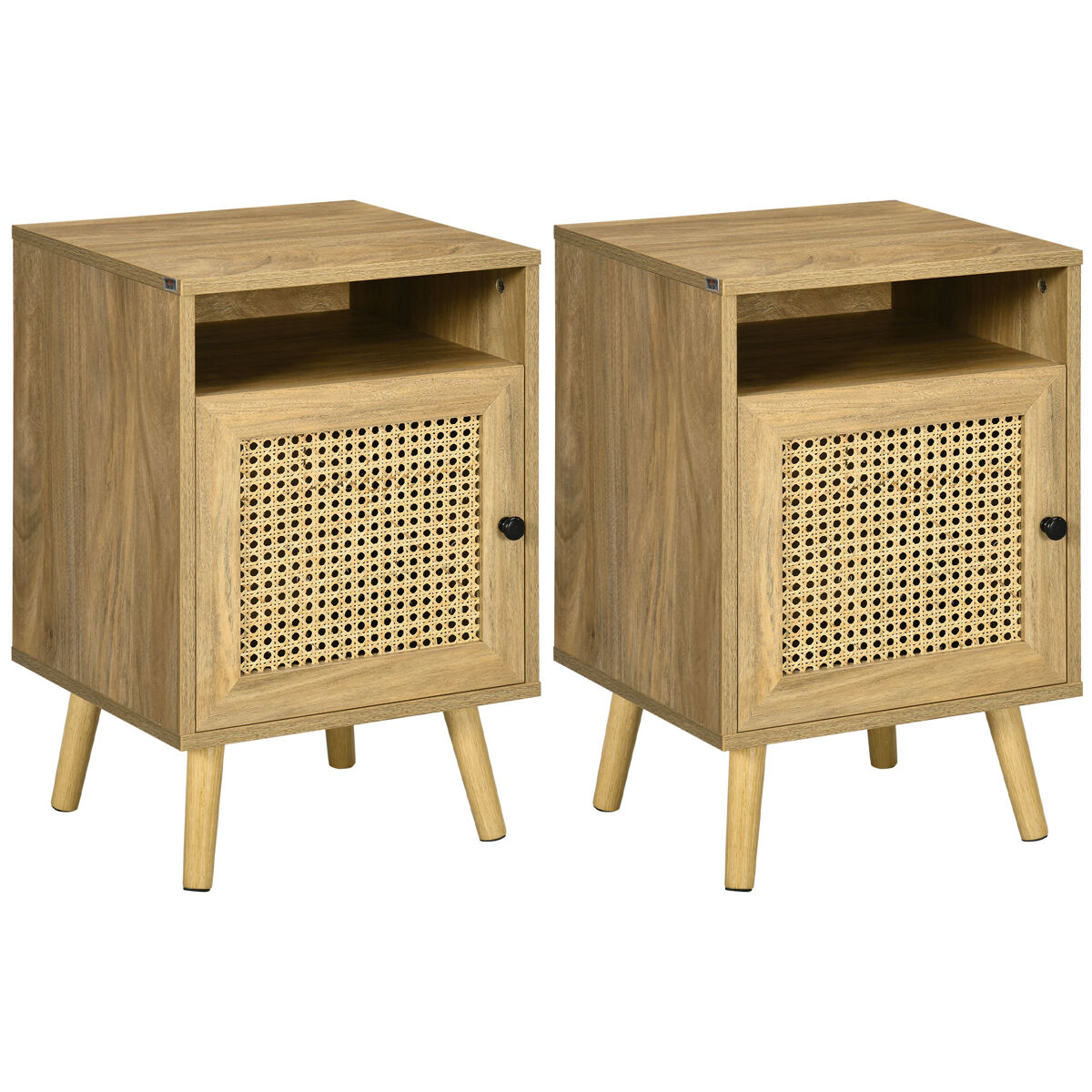 Homcom juego de 2 mesitas de noche con puerta de ratán mesillas de noche con estante abierto mesas auxiliares para dormitorio salón 39x35x60 cm natural