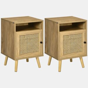 HOMCOM Conjunto de 2 Mesas de Cabeceira Mesas de Cabeceira com Portas de Vime e Prateleira Aberta Mesa Auxiliar para Dormitório Sala de Estar 39x35x60 cm Madeira