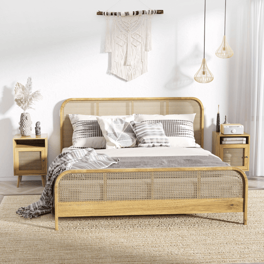 HOMCOM Conjunto de 2 Mesas de Cabeceira Mesas de Cabeceira com Portas de Vime e Prateleira Aberta Mesa Auxiliar para Dormitório Sala de Estar 39x35x60 cm Madeira