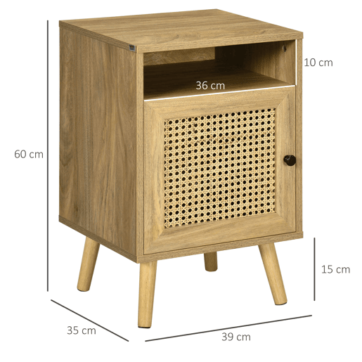 HOMCOM Conjunto de 2 Mesas de Cabeceira Mesas de Cabeceira com Portas de Vime e Prateleira Aberta Mesa Auxiliar para Dormitório Sala de Estar 39x35x60 cm Madeira