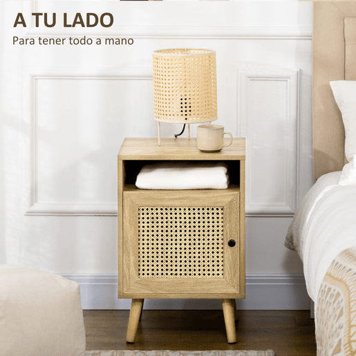 HOMCOM Conjunto de 2 Mesas de Cabeceira Mesas de Cabeceira com Portas de Vime e Prateleira Aberta Mesa Auxiliar para Dormitório Sala de Estar 39x35x60 cm Madeira