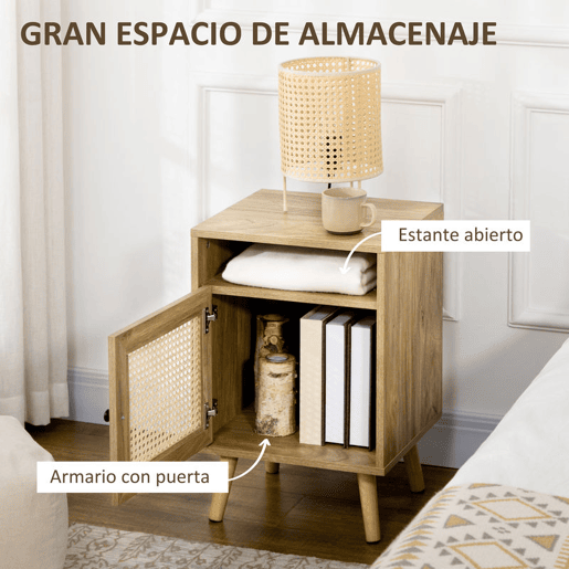 HOMCOM Conjunto de 2 Mesas de Cabeceira Mesas de Cabeceira com Portas de Vime e Prateleira Aberta Mesa Auxiliar para Dormitório Sala de Estar 39x35x60 cm Madeira