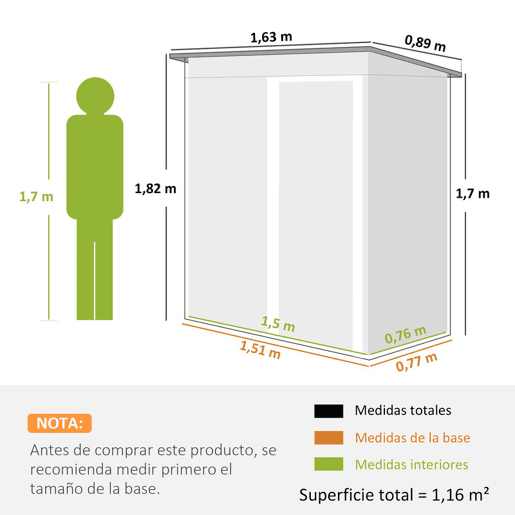 Outsunny Abrigo de Jardim Exterior 1,5 m² 163x89x182 cm Abrigo Metálico para Ferramentas com Porta de Correr e Teto Inclinado para Pátio Preto