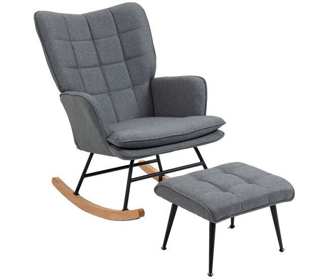 Homcom silla mecedora con reposapiés, sillón de relax, con cojín acolchado, respaldo alto, reposabrazos y patas de madera, carga 130 kg, para salón, dormitorio, gris