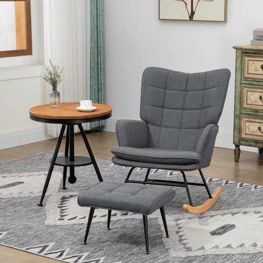 HOMCOM Conjunto de Poltrona Baloiço com Apoio para os Pés Poltrona Relax com Almofada Acolchoada e Anti-Tombo Carga 130 kg Sala de Estar Dormitório 64x89x90 cm Cinza