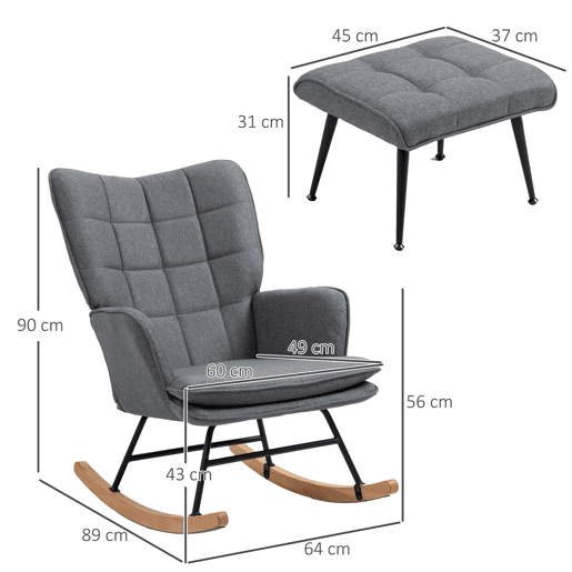 HOMCOM Conjunto de Poltrona Baloiço com Apoio para os Pés Poltrona Relax com Almofada Acolchoada e Anti-Tombo Carga 130 kg Sala de Estar Dormitório 64x89x90 cm Cinza