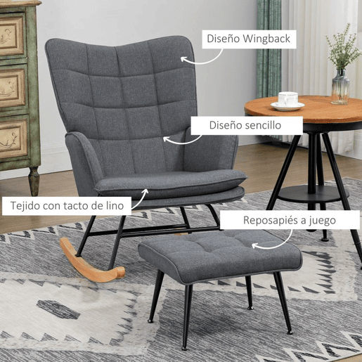 HOMCOM Conjunto de Poltrona Baloiço com Apoio para os Pés Poltrona Relax com Almofada Acolchoada e Anti-Tombo Carga 130 kg Sala de Estar Dormitório 64x89x90 cm Cinza