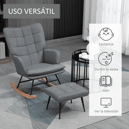 HOMCOM Conjunto de Poltrona Baloiço com Apoio para os Pés Poltrona Relax com Almofada Acolchoada e Anti-Tombo Carga 130 kg Sala de Estar Dormitório 64x89x90 cm Cinza