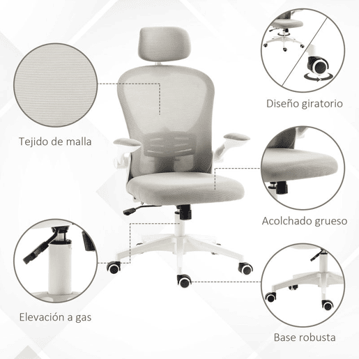 Vinsetto Cadeira de Escritório Basculante Cadeira de Escritório Giratória com Encosto Alto Apoio para a Cabeça Ajustável Suporte Lombar Apoio para os Braços Dobrável e Altura Ajustável Carga 120 kg 62x64x112-120 cm Cinza