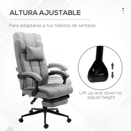 Vinsetto Cadeira de Escritório Reclinável Giratória Revestida em Linho Sintético Altura Ajustável com Apoio para Pés, Cabeça e Braços Carga Máxima 150 kg para Escritório 66x76x112-120 cm Cinzento