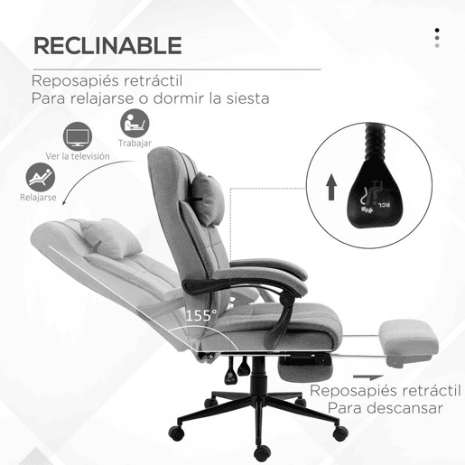Vinsetto Cadeira de Escritório Reclinável Giratória Revestida em Linho Sintético Altura Ajustável com Apoio para Pés, Cabeça e Braços Carga Máxima 150 kg para Escritório 66x76x112-120 cm Cinzento