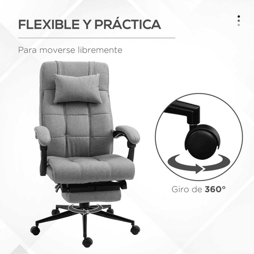 Vinsetto Cadeira de Escritório Reclinável Giratória Revestida em Linho Sintético Altura Ajustável com Apoio para Pés, Cabeça e Braços Carga Máxima 150 kg para Escritório 66x76x112-120 cm Cinzento