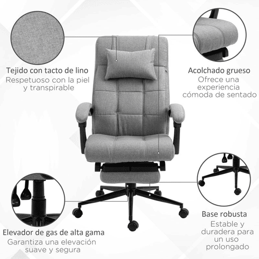 Vinsetto Cadeira de Escritório Reclinável Giratória Revestida em Linho Sintético Altura Ajustável com Apoio para Pés, Cabeça e Braços Carga Máxima 150 kg para Escritório 66x76x112-120 cm Cinzento