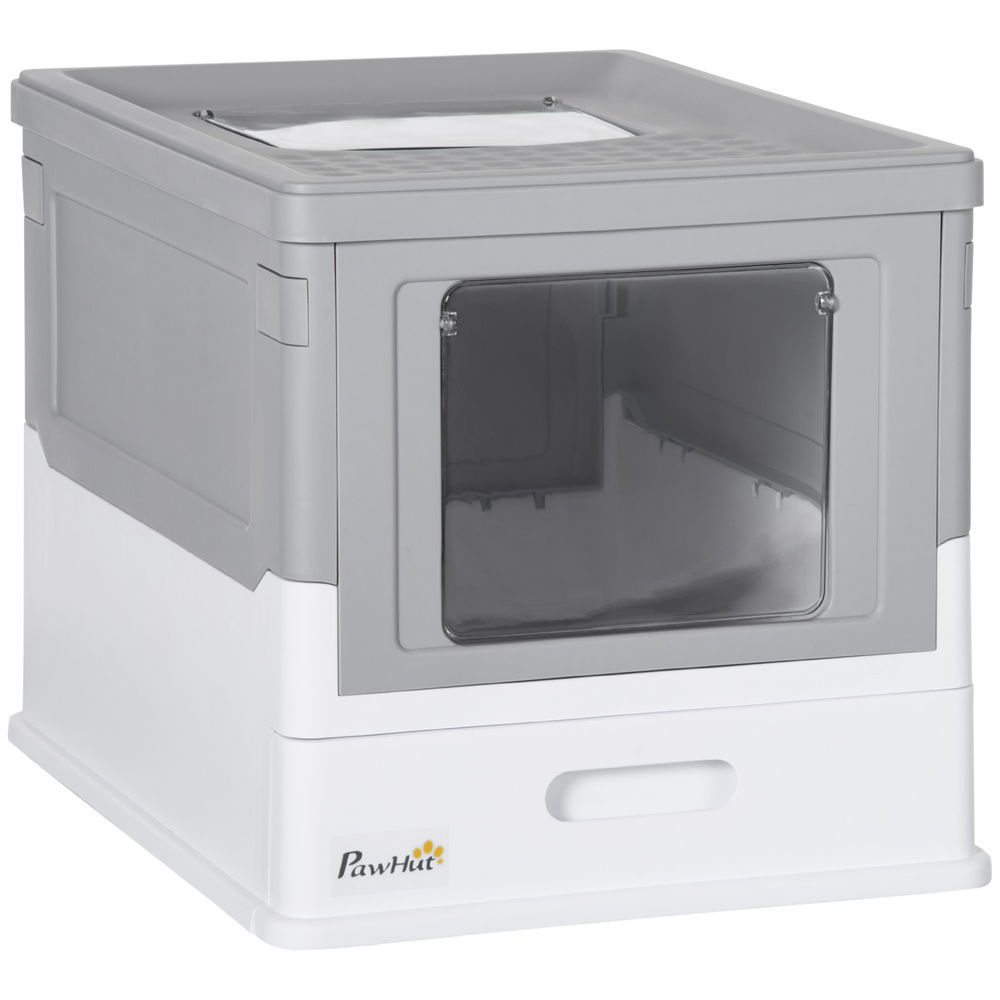 Pawhut arenero para gatos, caja de arena para gatos plegable, con bandeja extraíble, tapa, pala, fácil de limpiar, control de olores, antichapotones, para raza pequeña y mediana, gris y blanco
