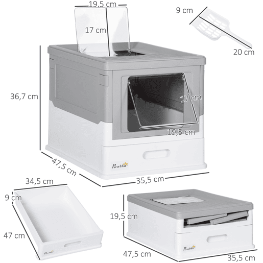 PawHut Caixa de Areia para Gatos Dobrável Caixa de Areia para Gatos Fechada com Cobertura Desmontável Bandeja Removível Teto Rebatível Porta de Entrada e Pá 47,5x35,5x36,7cm Cinza