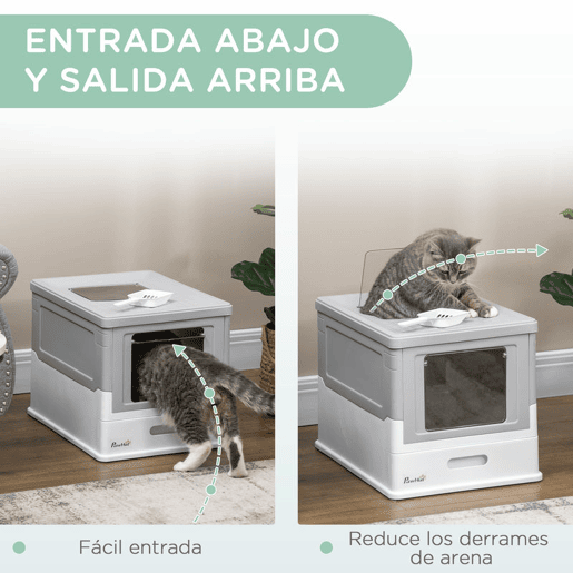 PawHut Caixa de Areia para Gatos Dobrável Caixa de Areia para Gatos Fechada com Cobertura Desmontável Bandeja Removível Teto Rebatível Porta de Entrada e Pá 47,5x35,5x36,7cm Cinza