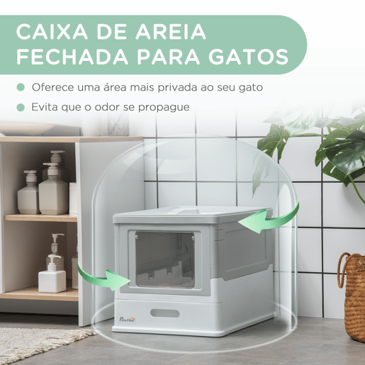 PawHut Caixa de Areia para Gatos Dobrável Caixa de Areia para Gatos Fechada com Cobertura Desmontável Bandeja Removível Teto Rebatível Porta de Entrada e Pá 47,5x35,5x36,7cm Cinza