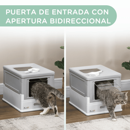 PawHut Caixa de Areia para Gatos Dobrável Caixa de Areia para Gatos Fechada com Cobertura Desmontável Bandeja Removível Teto Rebatível Porta de Entrada e Pá 47,5x35,5x36,7cm Cinza