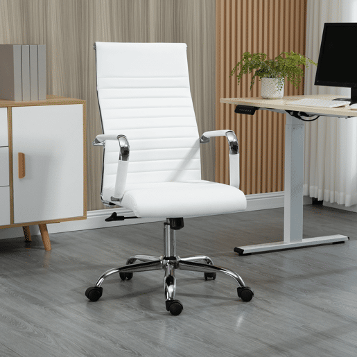 Vinsetto Cadeira de Escritório Ergonómica Giratória 360° Basculante com Altura Ajustável Rodas e Apoio para os Braços Estofada Pele Sintética 54x62x104-114 cm Branco
