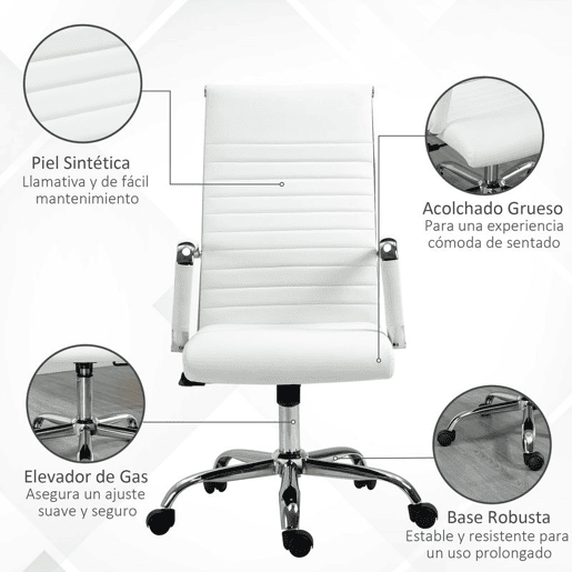 Vinsetto Cadeira de Escritório Ergonómica Giratória 360° Basculante com Altura Ajustável Rodas e Apoio para os Braços Estofada Pele Sintética 54x62x104-114 cm Branco