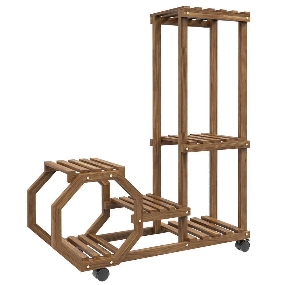 Outsunny estantería para plantas de 5 niveles soporte para macetas de madera soporte para plantas con ruedas para interiores y exteriores 86x30x102 cm carbonizado