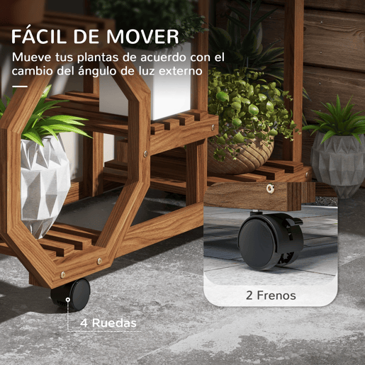 Outsunny Estante para Vasos de 5 Níveis Suporte para Vasos de Plantas de Madeira Suporte para Plantas com Rodas para Interior e Exterior 86x30x102 cm Marrom Carbonizado